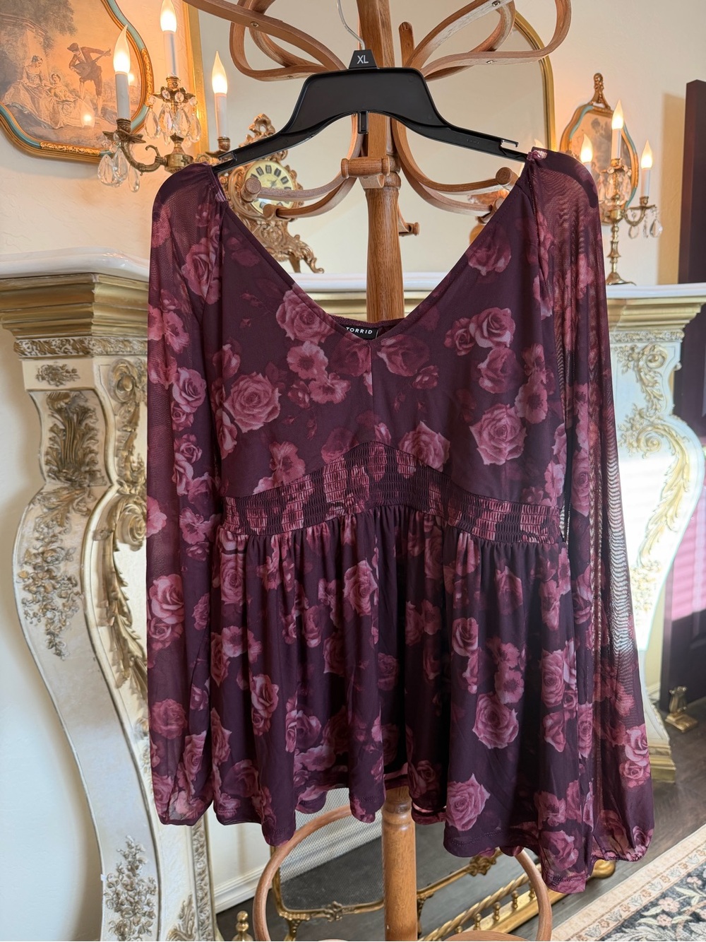 Torrid Size 1 Purple Floral Mesh Babydoll Top Whimsigoth